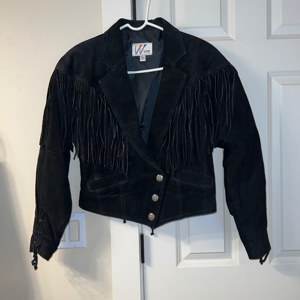 Wilsons Leather Black Suede Leather Fringe Moto Vintage Jacket Size Medium Women